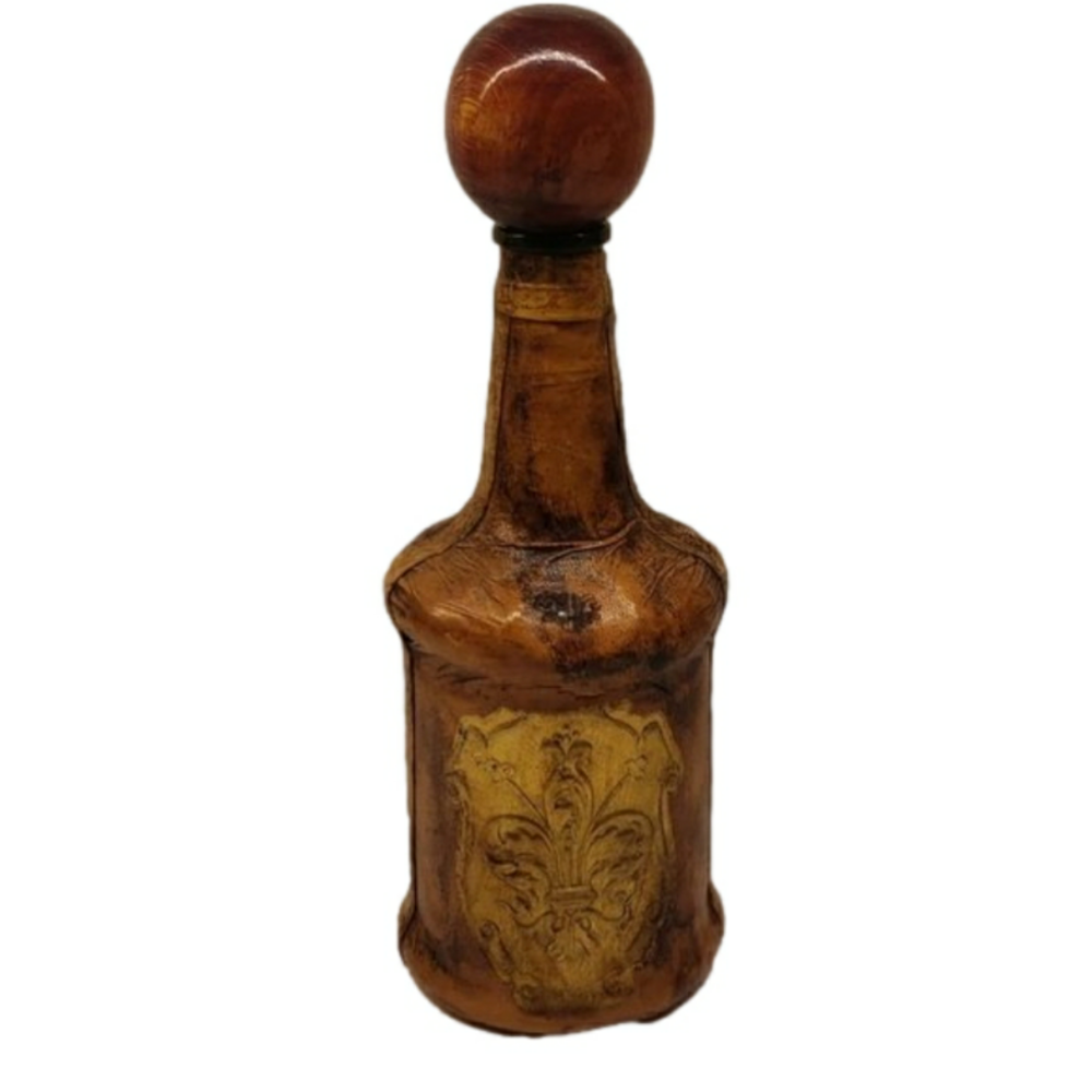 DECANTER  Leather Wrapped Italian Decanter Bottle Round Stopper Gold Emblem